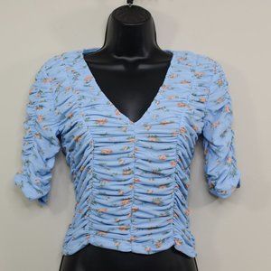 NWT Zara Tulle Fitted Ruched Crop Top Blue Floral V-Neck Shirt Women Size Small
